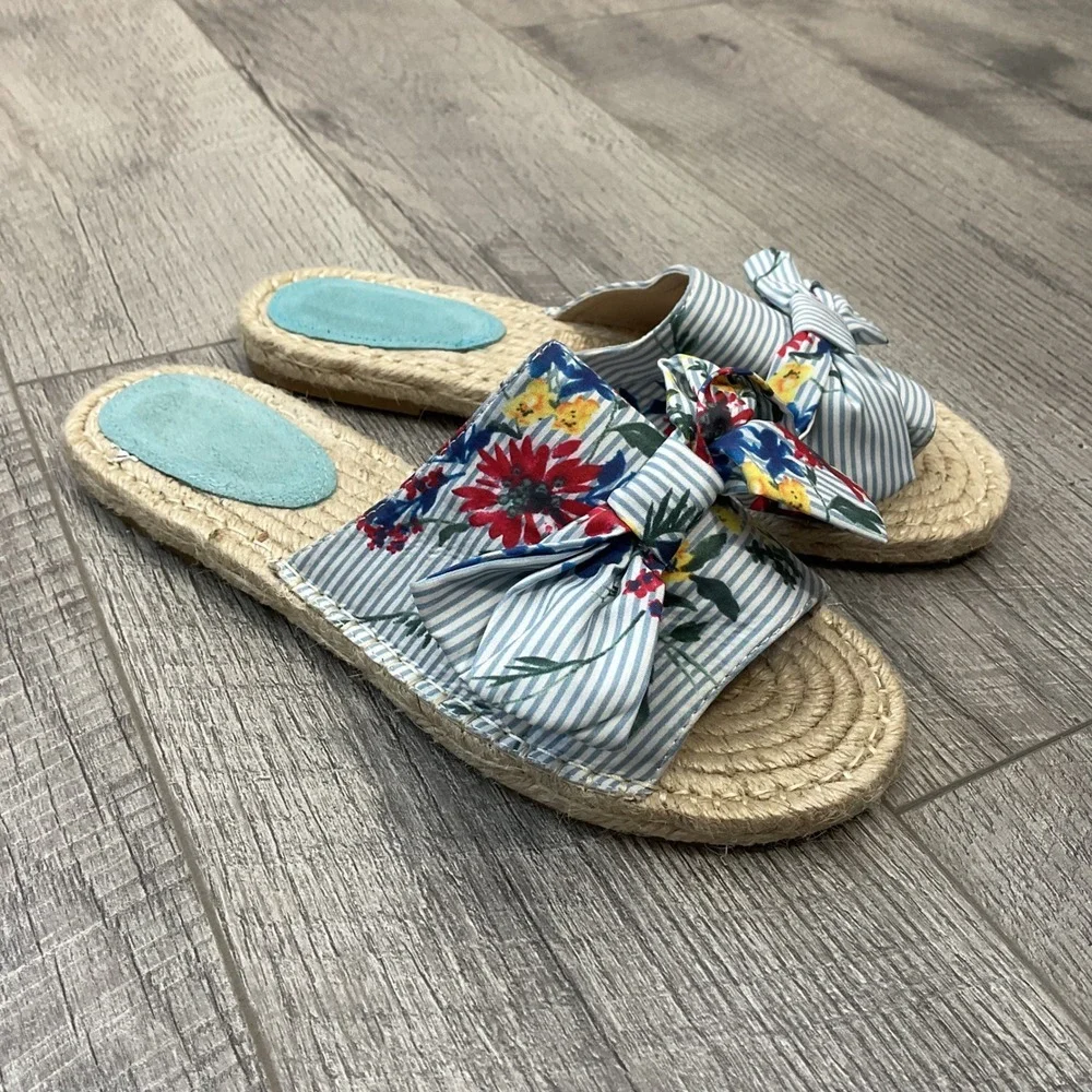 Vintage Havana Lilly Blue Floral Striped Bow Espadrille Slide Sandals Woman's 10 - Picture 1 of 10